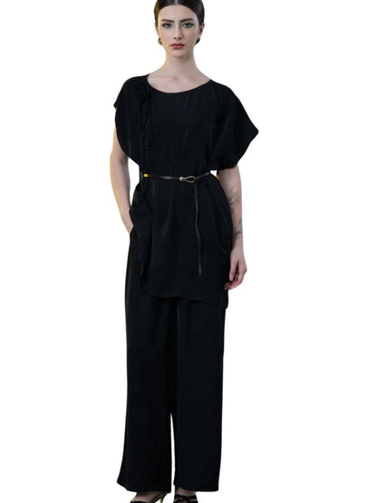 Elegant Black Wide-Leg Pants and Belted Top Set