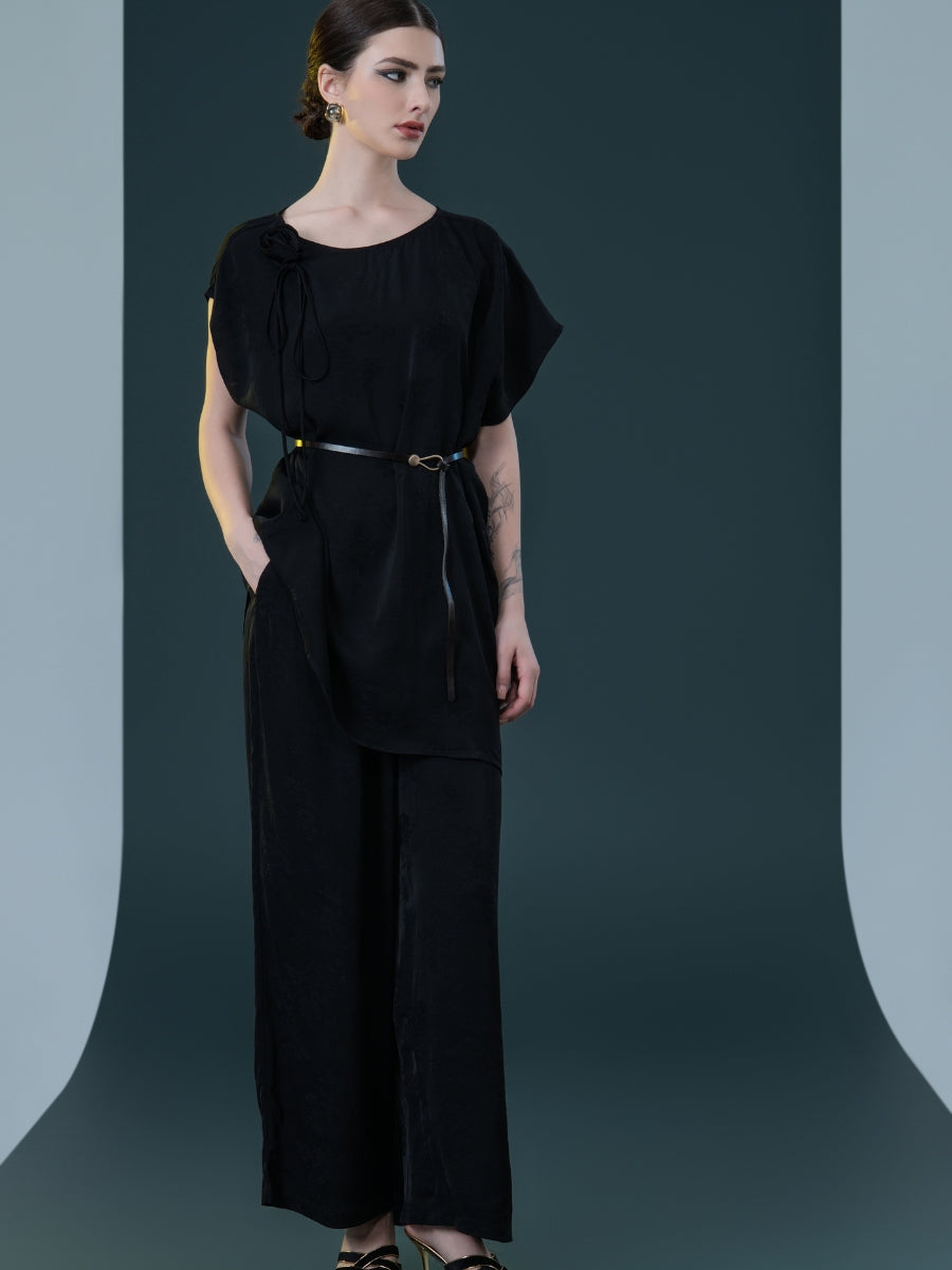 Elegant Black Wide-Leg Pants and Belted Top Set