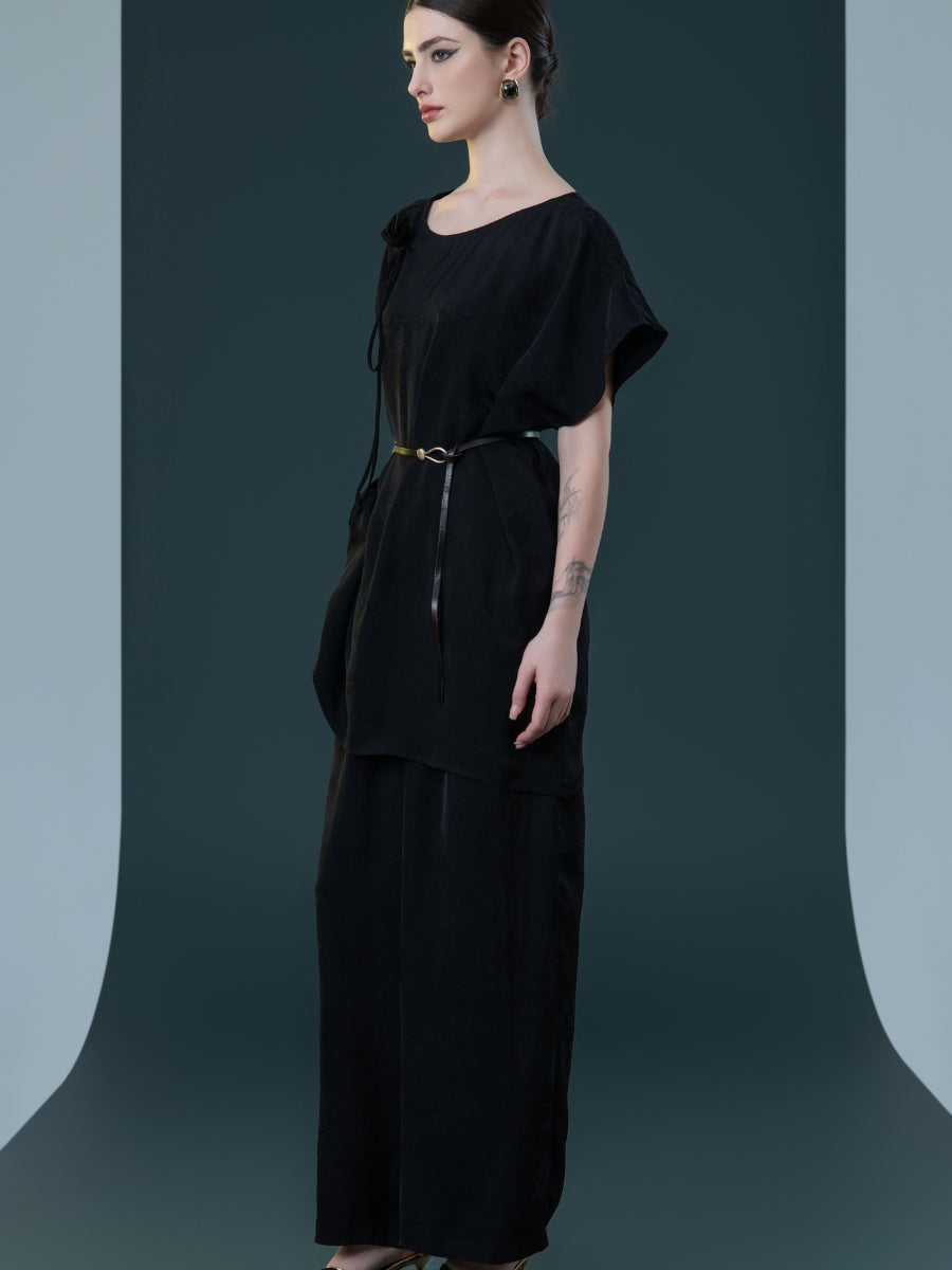 Elegant Black Wide-Leg Pants and Belted Top Set