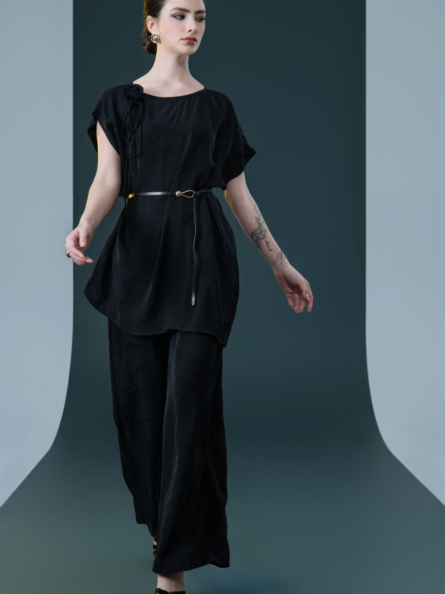 Elegant Black Wide-Leg Pants and Belted Top Set