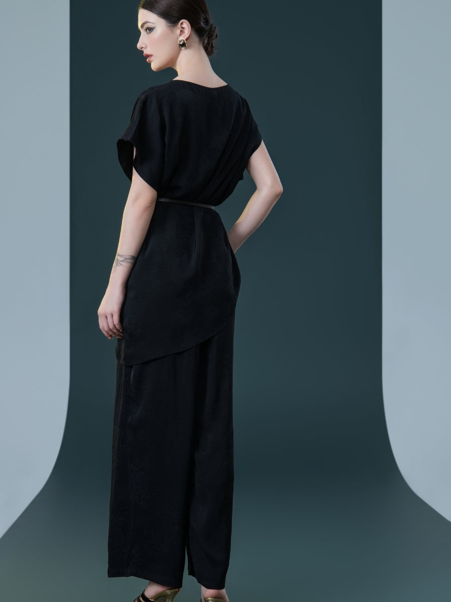 Elegant Black Wide-Leg Pants and Belted Top Set