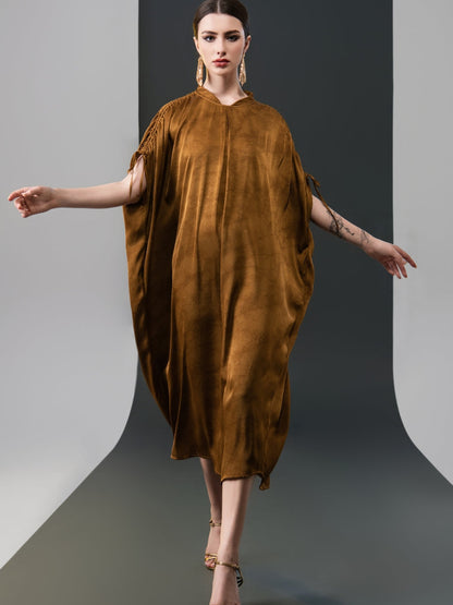 Elegant Brown High-Collar Dress with Gathered Sleeve Detailing