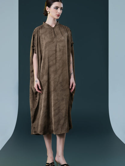 Elegant Brown High-Collar Dress with Gathered Sleeve Detailing