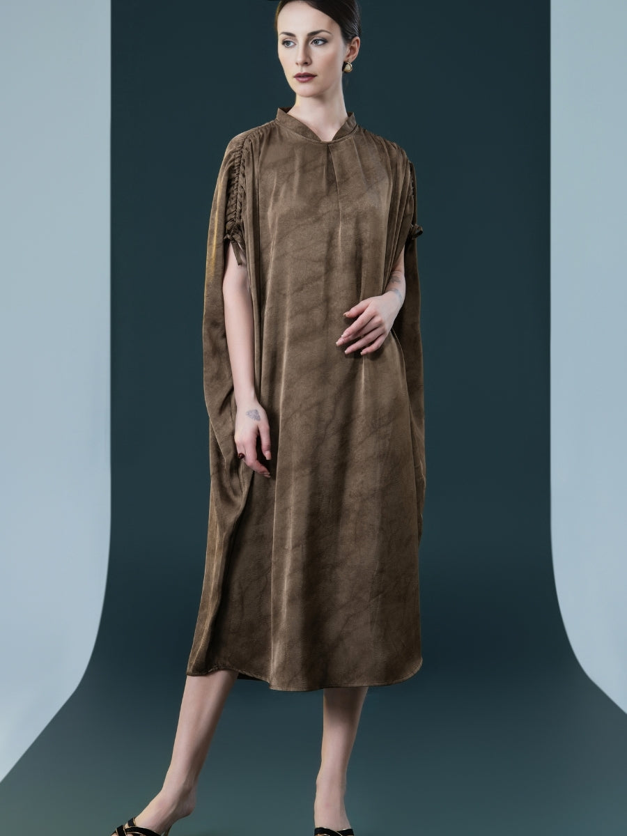 Elegant Brown High-Collar Dress with Gathered Sleeve Detailing