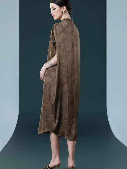 Elegant Brown High-Collar Dress with Gathered Sleeve Detailing