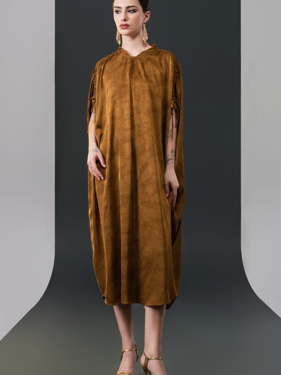 Elegant Brown High-Collar Dress with Gathered Sleeve Detailing