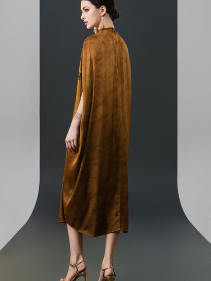 Elegant Brown High-Collar Dress with Gathered Sleeve Detailing