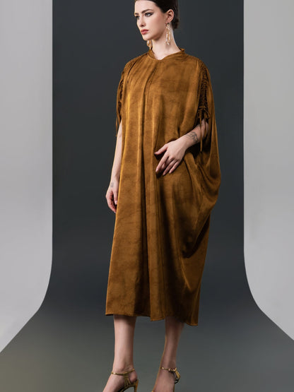 Elegant Brown High-Collar Dress with Gathered Sleeve Detailing