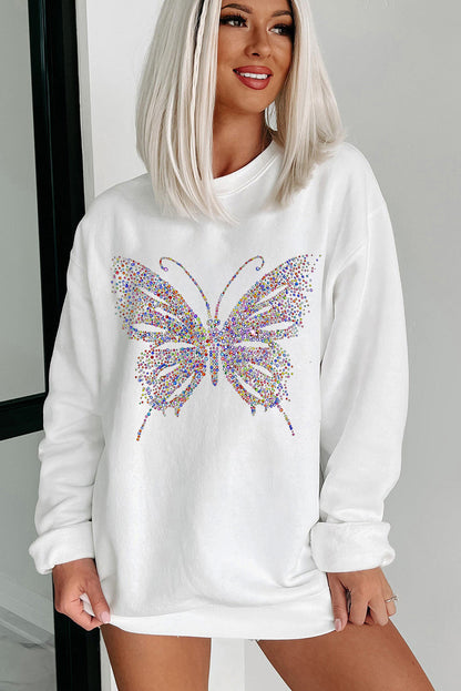 White Rhinestone Butterfly Graphic Crewneck Oversized Sweatshirt