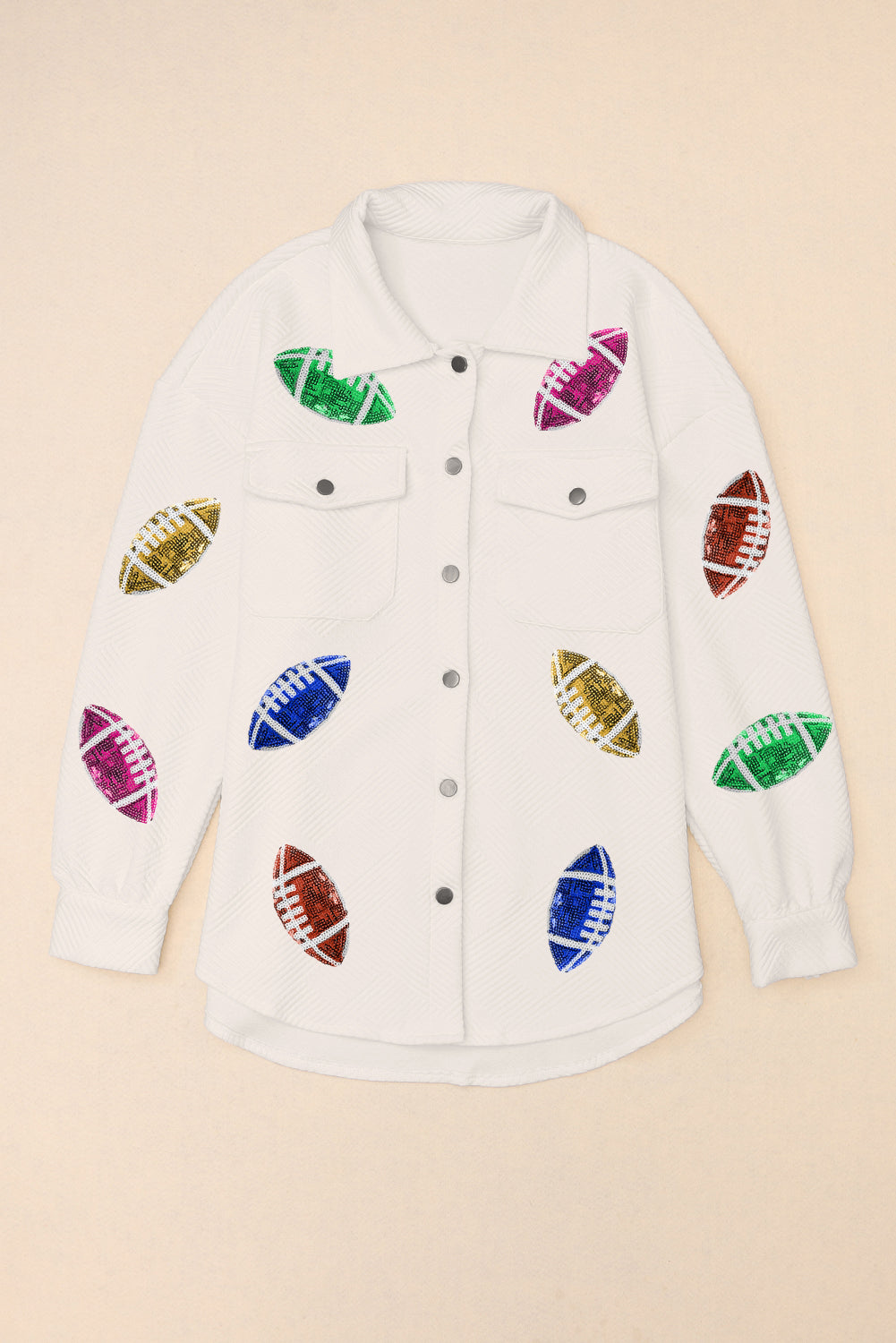 Beige Sequin Rugby Football Textured Knit Collared Game Day Shirt Jacket