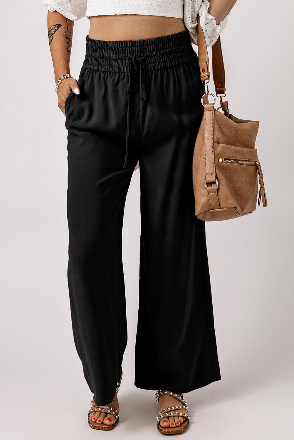 Drawstring Smocked Waist Wide Leg Pants