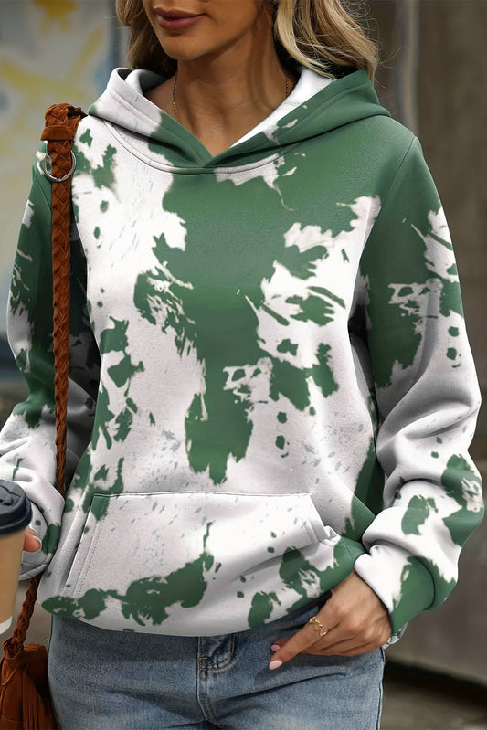 Green Tie Dye Print Kangaroo Pocket Loose Hoodie