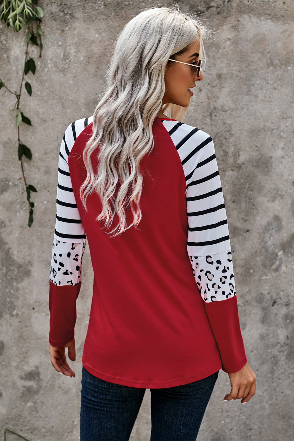 Fiery Red Valentines Leopard Heart Print Color Block Long Sleeve Top