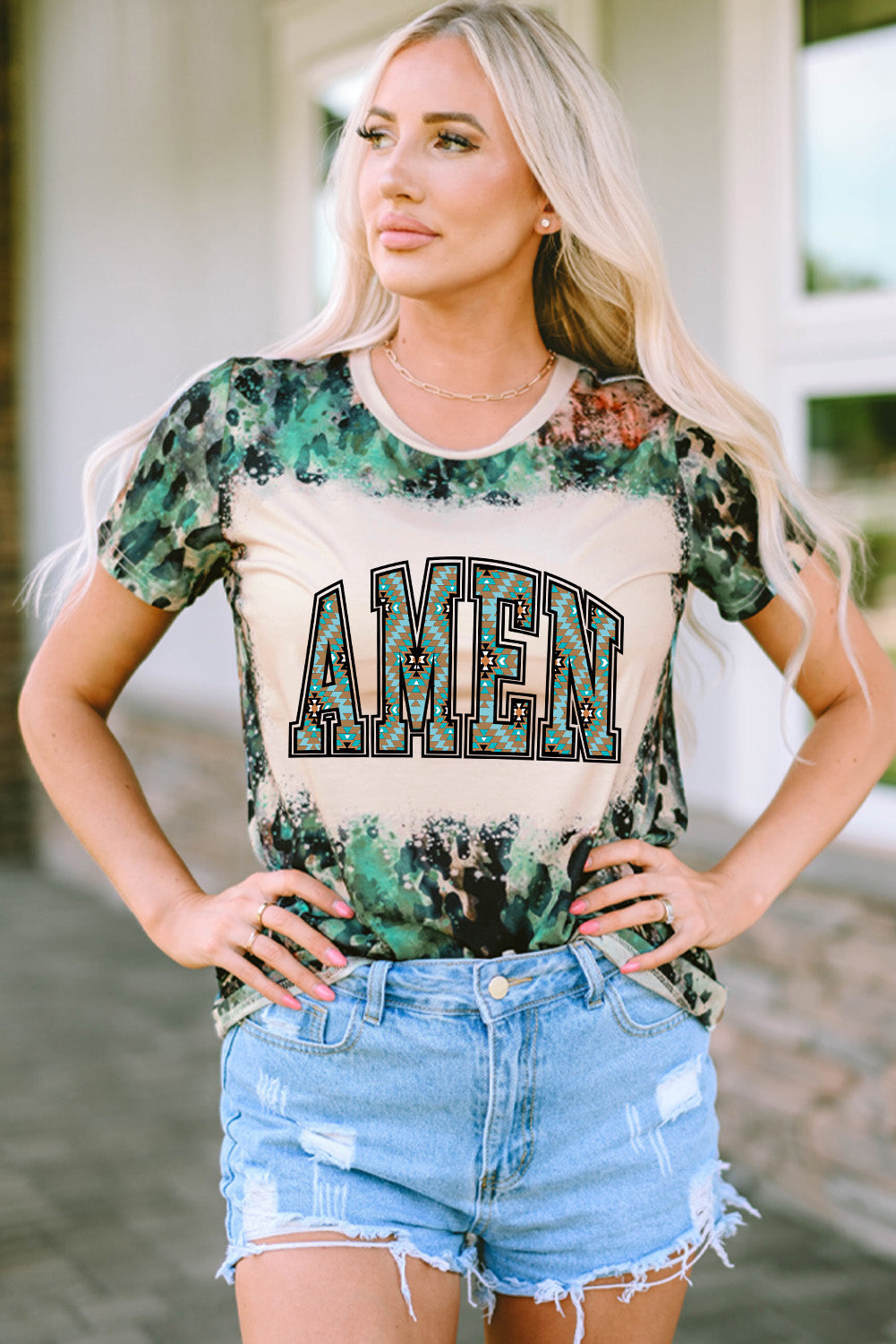 Leopard AMEN Aztec Bleached Print Round Neck T Shirt