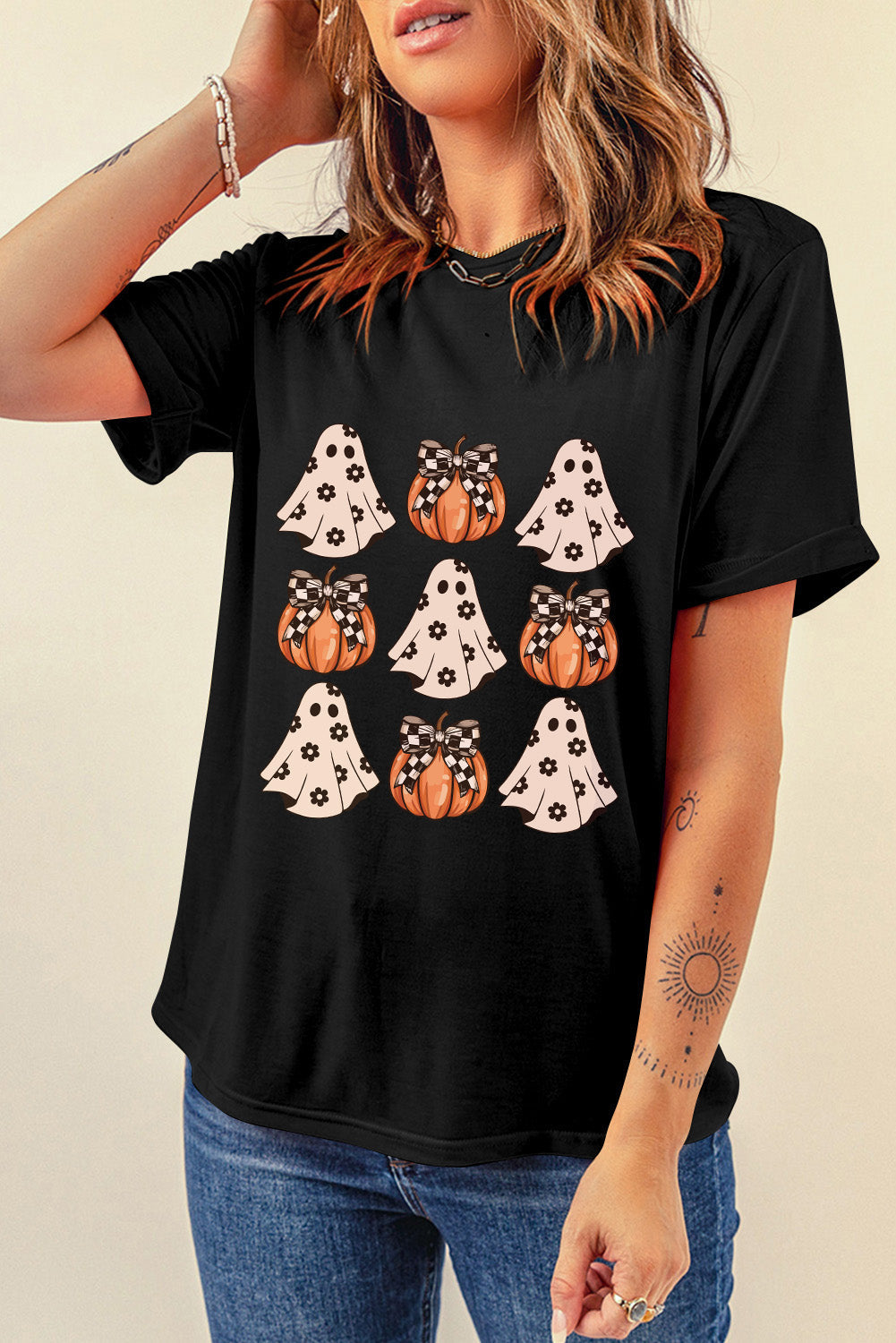 Black Halloween Ghost Pumpkin Print Crew Neck T Shirt