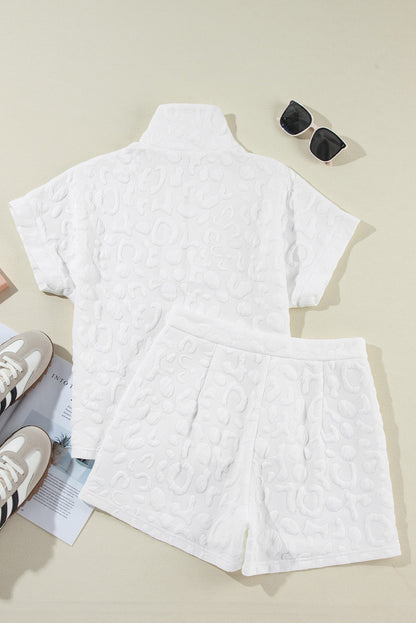 White Leopard Jacquard Quarter Zip Tee and Shorts Set