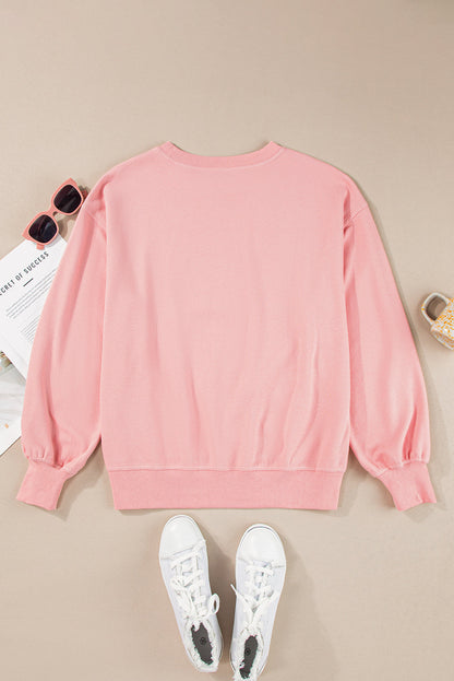 Pink Loose Drop Shoulder Ribbed Sweatshirt