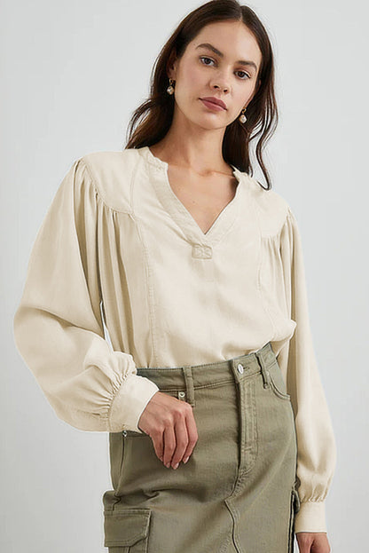 White Solid Color Lantern Sleeve Notched V Neck Blouse