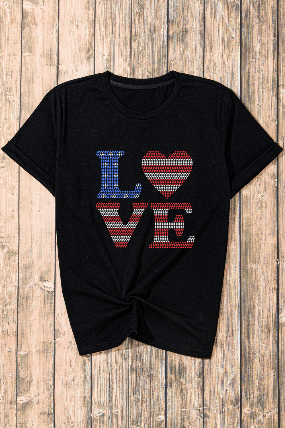 Black Rhinestone USA Flag Stripes and Stars LOVE Graphic T Shirt