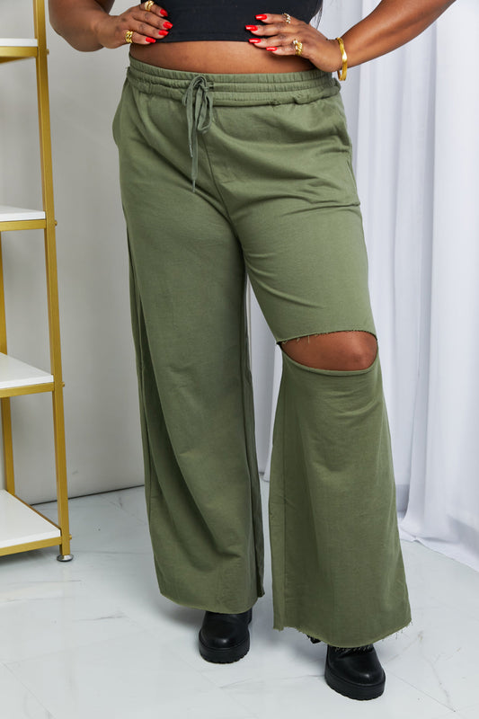 Zenana Full Size Drawstring Waist Distressed Wide Leg Pants in LT Olive