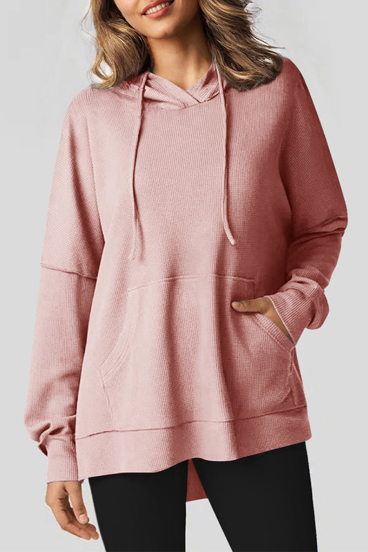 Light Pink Waffle Knit Fleece Lined High Low Oversized Hoodie