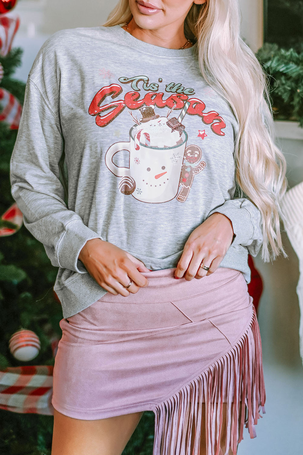 Gray Tis The Season Graphic Christmas Fashion Sweatshirt