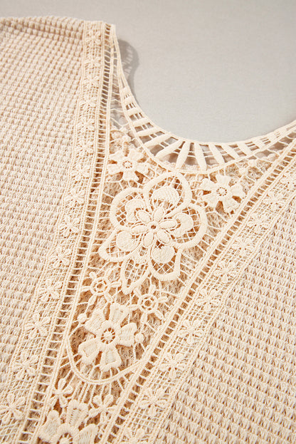 Beige Guipure Lace Insert Textured Plus Size Tee