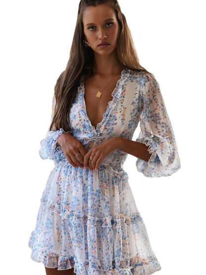 Lapel Striped Print Belted Long Sleeve Dress