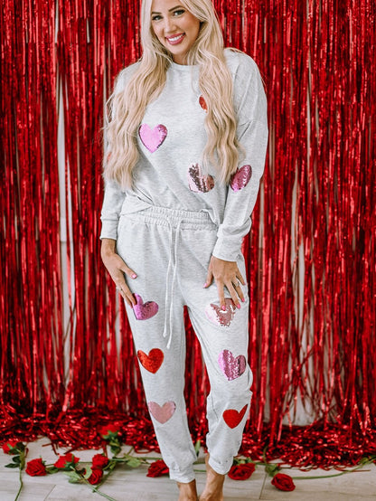 Gray Sequin Heart Pattern Lounge Set for Women