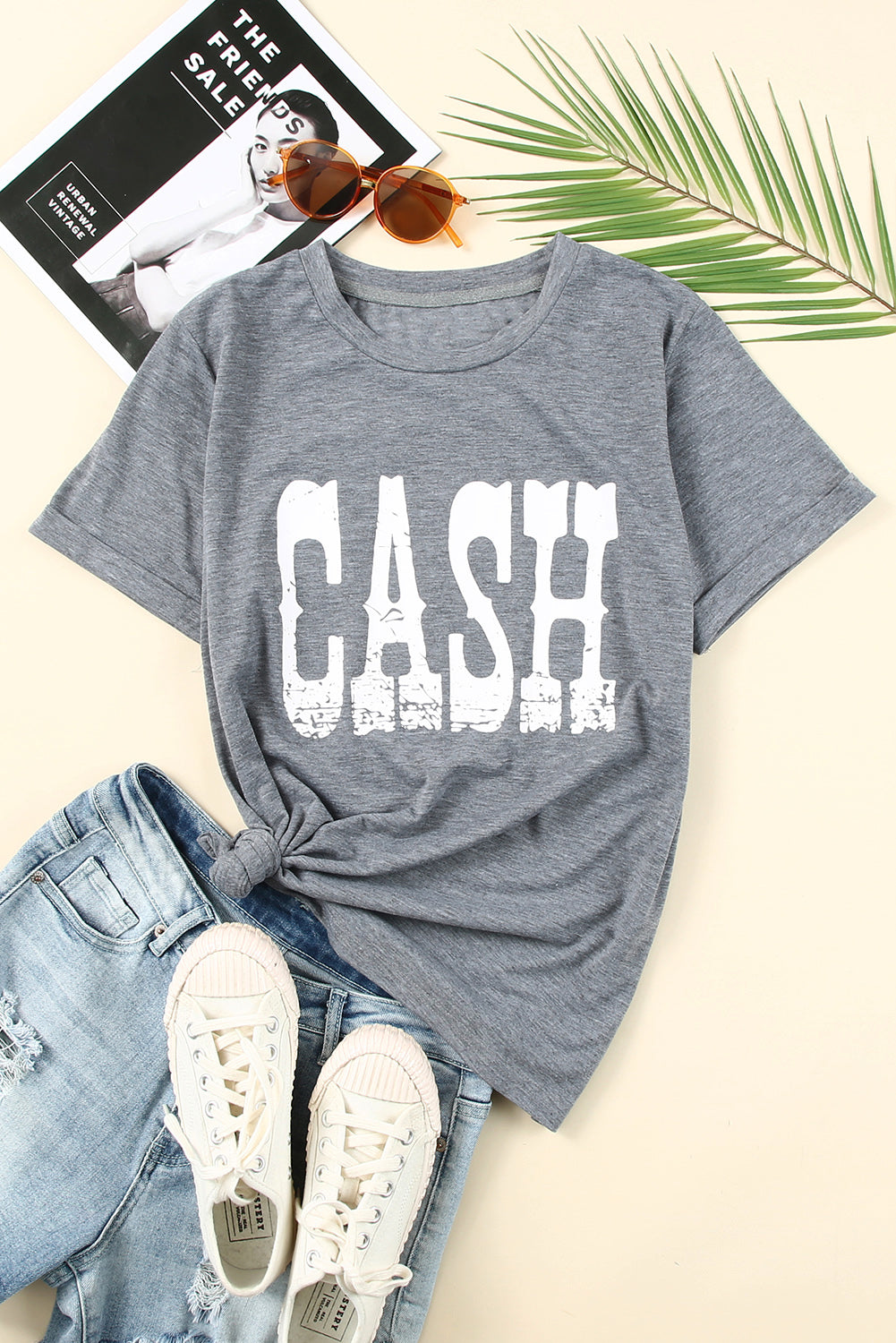 Gray CASH Letter Print T Shirt