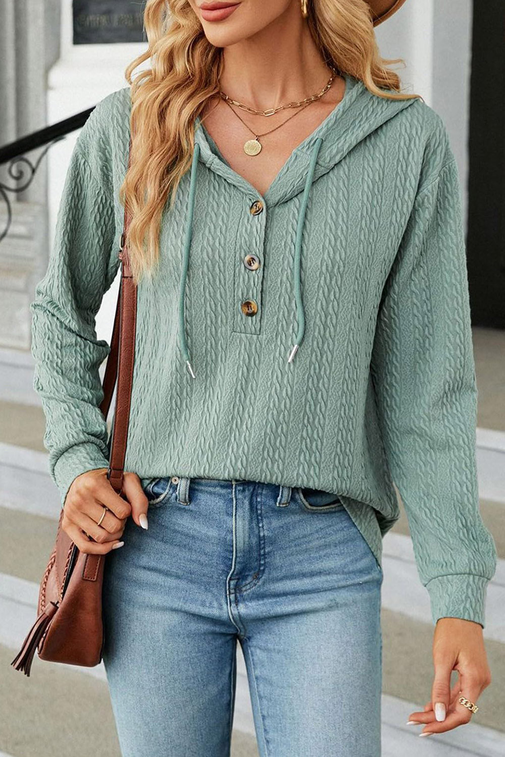 Green Abstract Print Ruffled Sleeve Buttoned V Neck Blouse