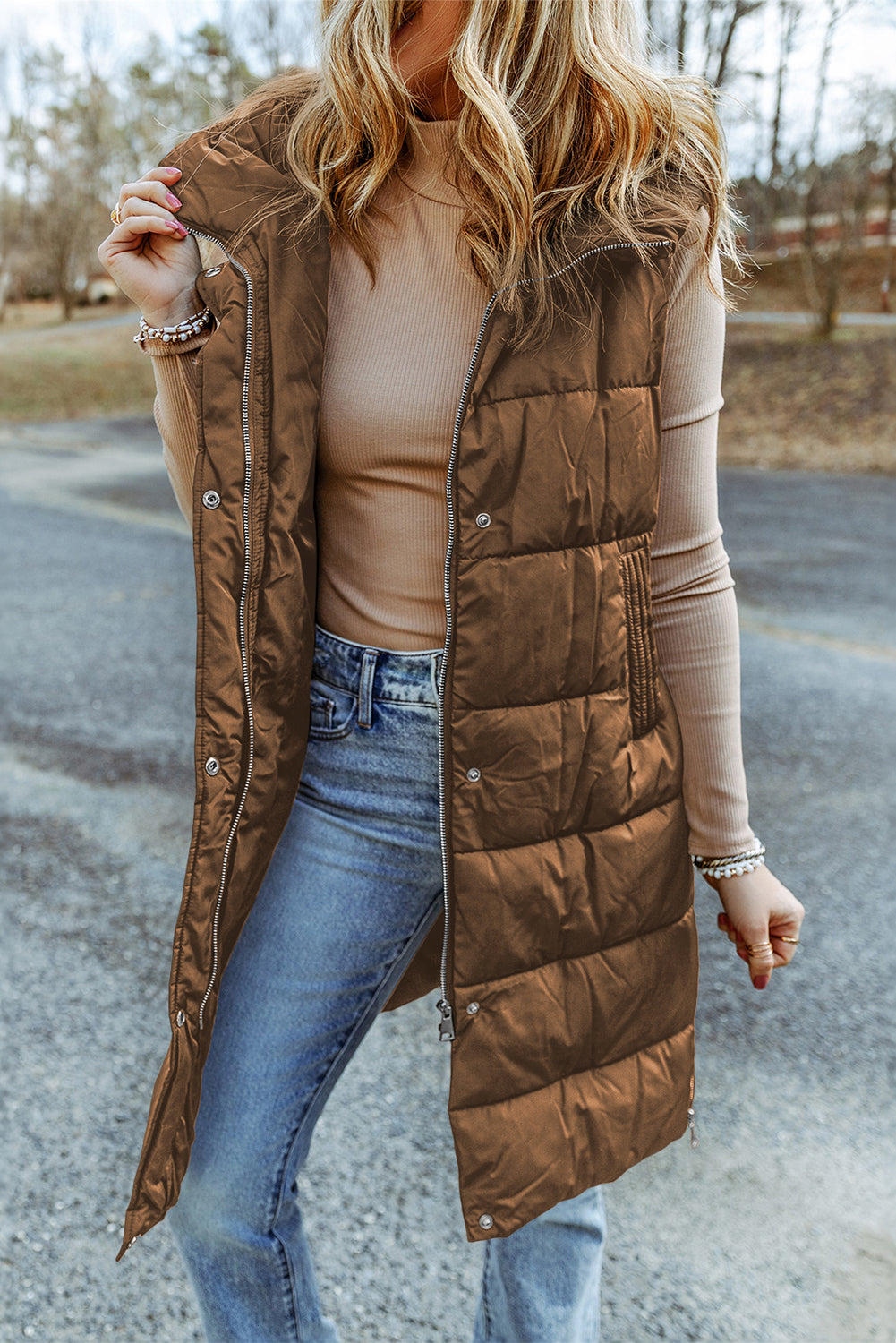 Chestnut Hooded Long Quilted Vest Coat