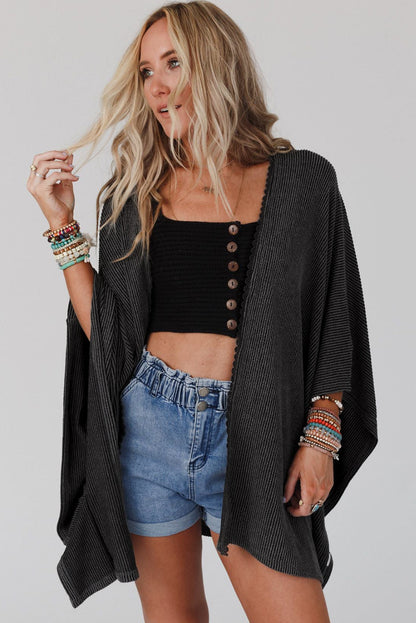 Black Lace Trim Ribbed Oversize Kimono