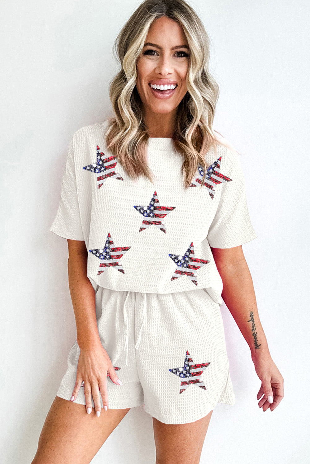 Star Spangled Sequin White Waffle Knit Shorts Set