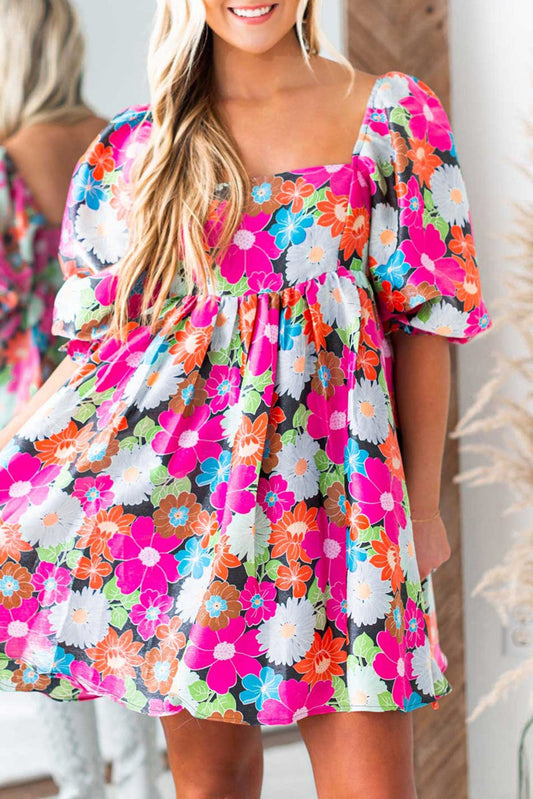 Rose Floral Print Square Neck Short Puff Sleeve Dress