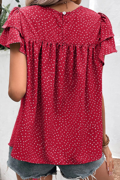 Fiery Red Dotted Ruffle Sleeve Crew Neck Ruched Blouse