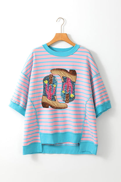 Pink Stripe Sequin Western Cactus Boots Graphic Half Sleeve T Shirt