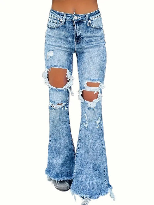Flared Denim Bell Bottom Jeans with Frayed Trim and High Waist Slim Fit for Women