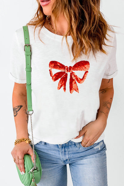 White Bowknot Graphic Casual T Shirt