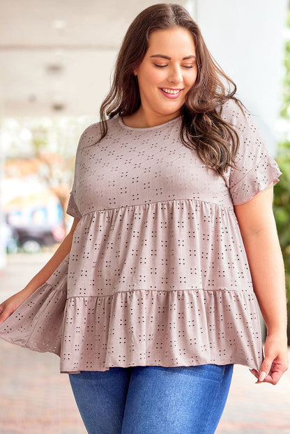 Pink Plus Size Eyelet Pattern Ruffle Sleeve Babydoll Top