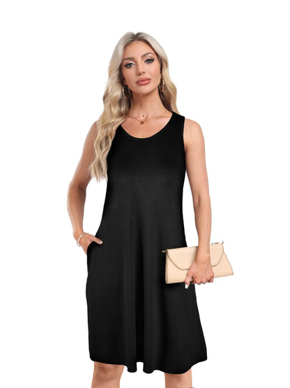 Solid Color Sleeveless Tee Dress, Casual Sun Tank Dress For Spring & Summer, Women's Clothing