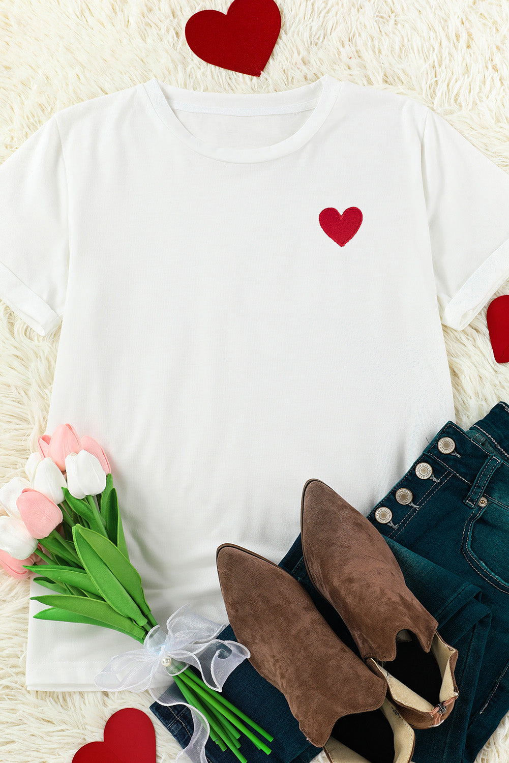 White Valentines Heart Pattern T Shirt