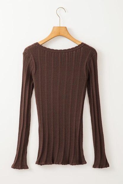 Coffee Solid Color Rib Knit U Neck Slim Fit Long Sleeve Top