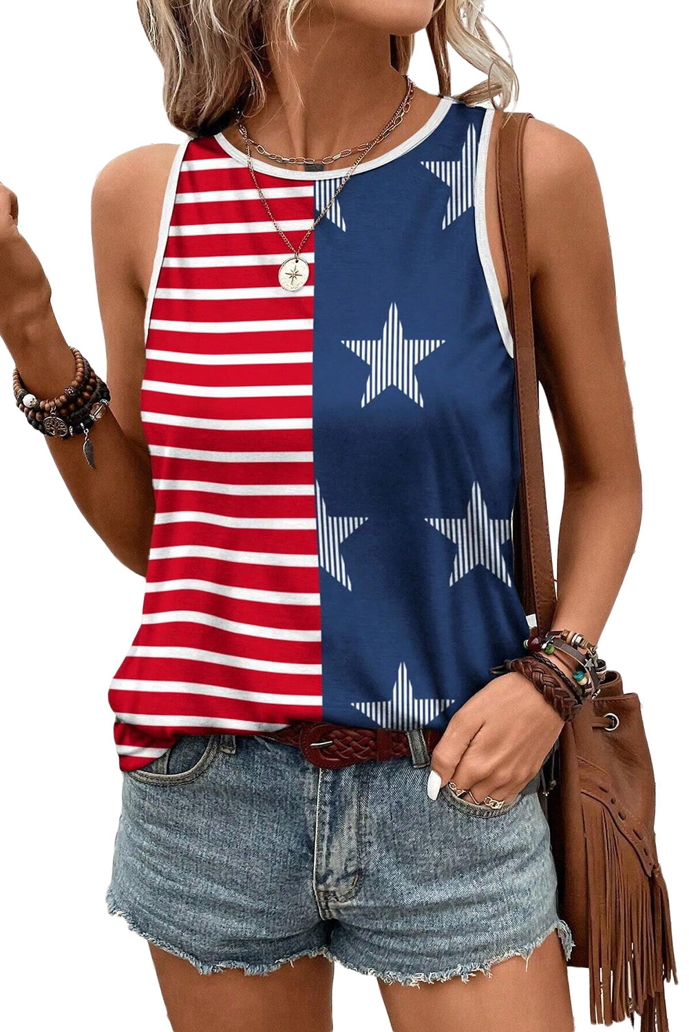 Red USA Flag Printed Round Neck Tank Top