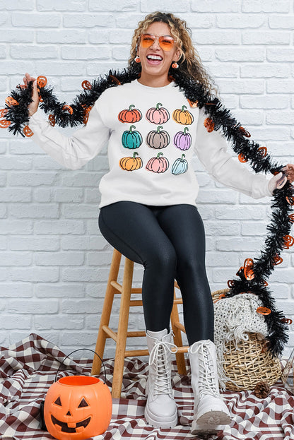 Beige Vibrant Pumpkins Print Crew Neck Halloween Sweatshirt