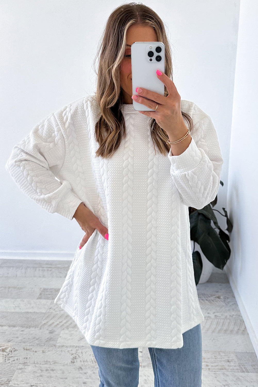 White Cable Textured Long Sleeve Round Neck Top