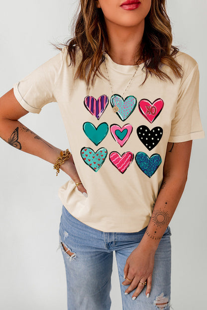 Khaki Valentines Multi Pattern Heart Shape Graphic T Shirt