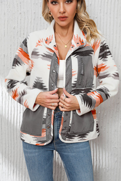 Multicolour Aztec Fleece Patchwork Snap Button Jacket