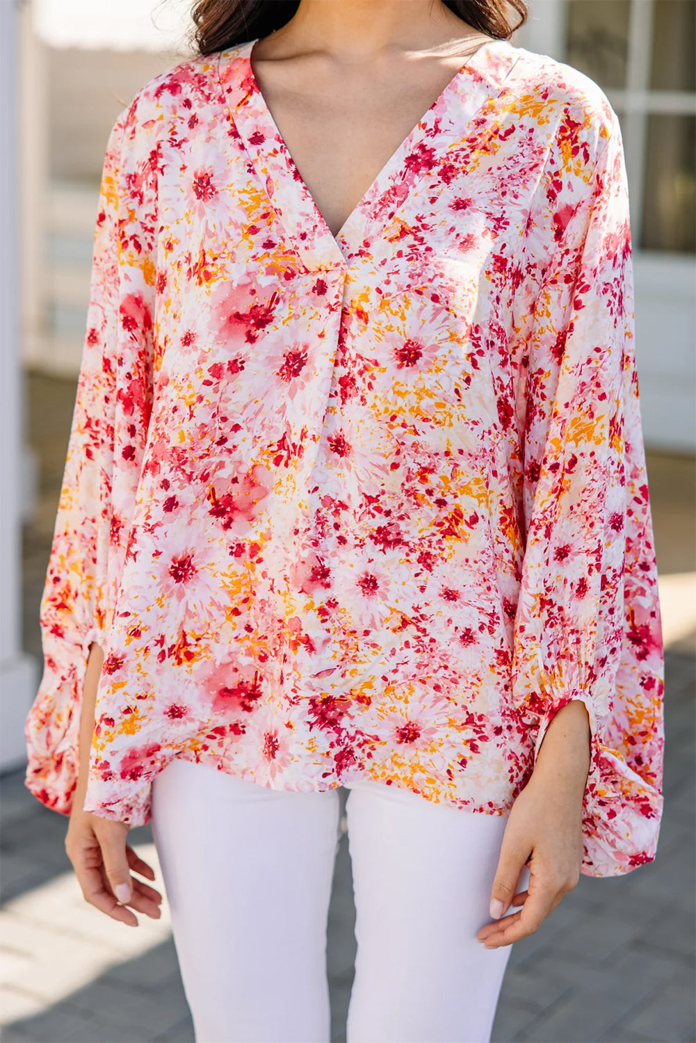 Pink Ditsy Floral Bubble Sleeve V Neck Blouse