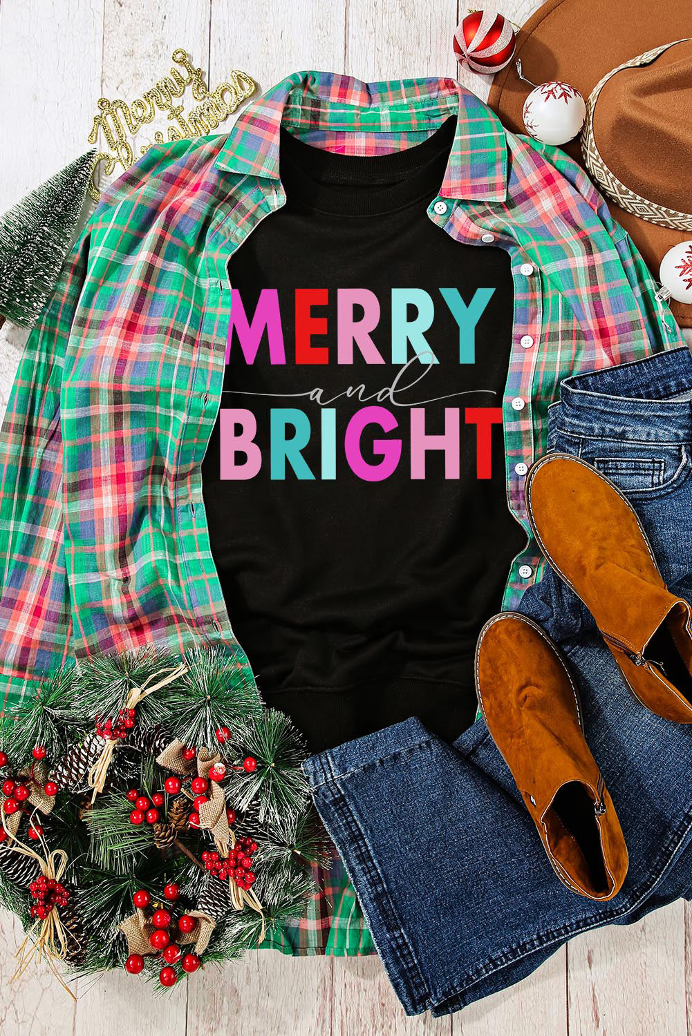 Black Colorful MERRY and BRIGHT Graphic Sweatshirt